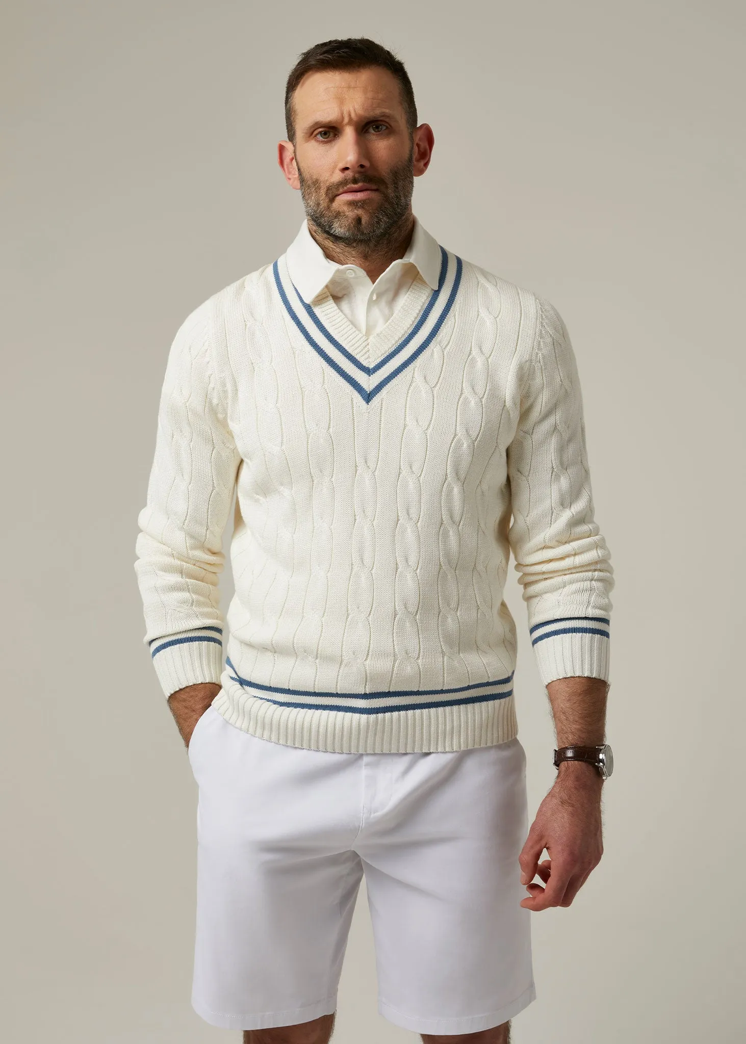 Sandridge Cable Knit Cricket Jumper In Ecru & Airforce