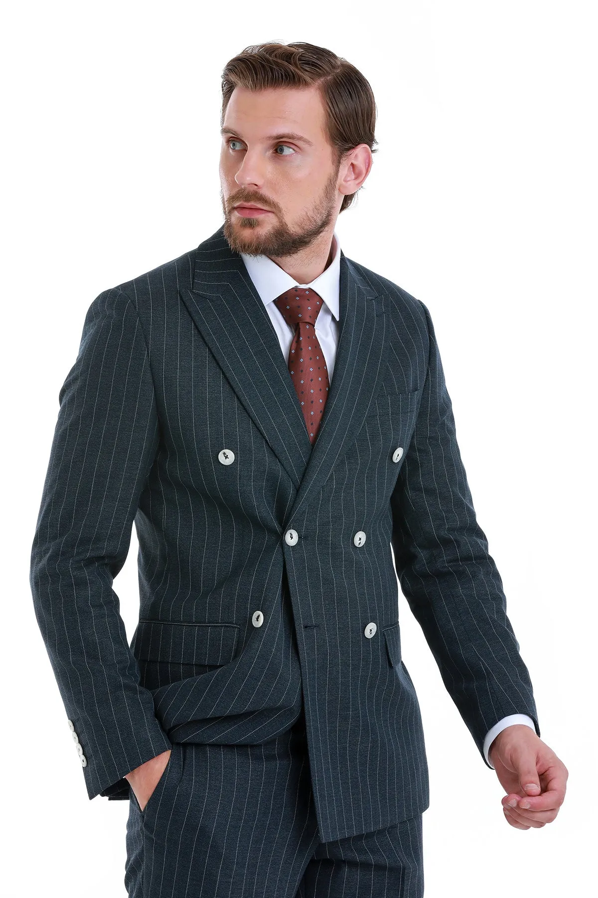 Slim Fit Double Breasted Navy Striped Casual Suit