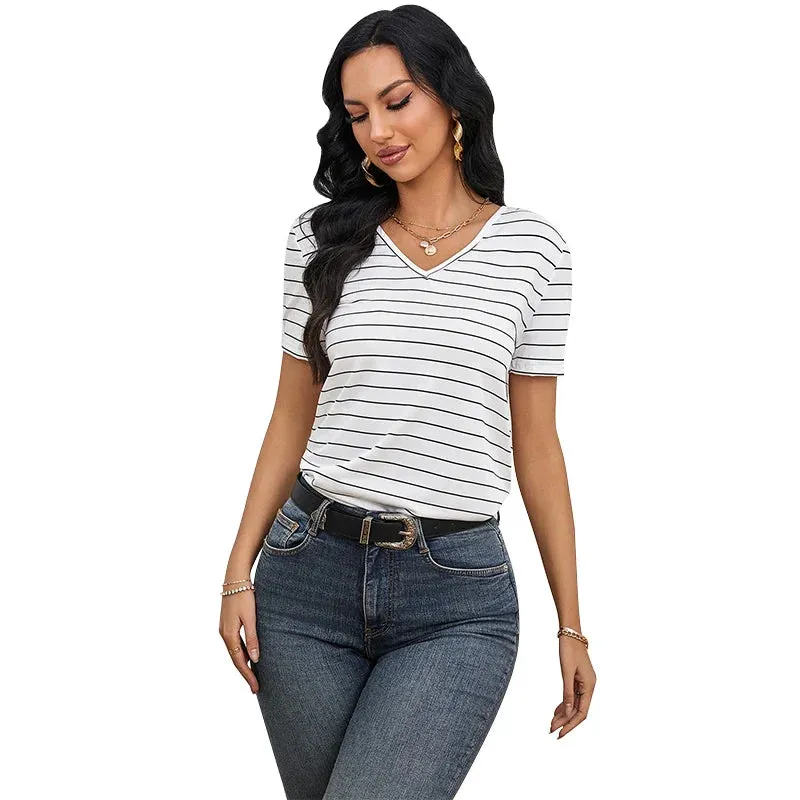 Summer Casual V-neck Knit Hollowed-out Lacing Striped Tight Commuter New T-shirt