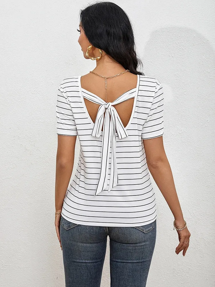 Summer Casual V-neck Knit Hollowed-out Lacing Striped Tight Commuter New T-shirt