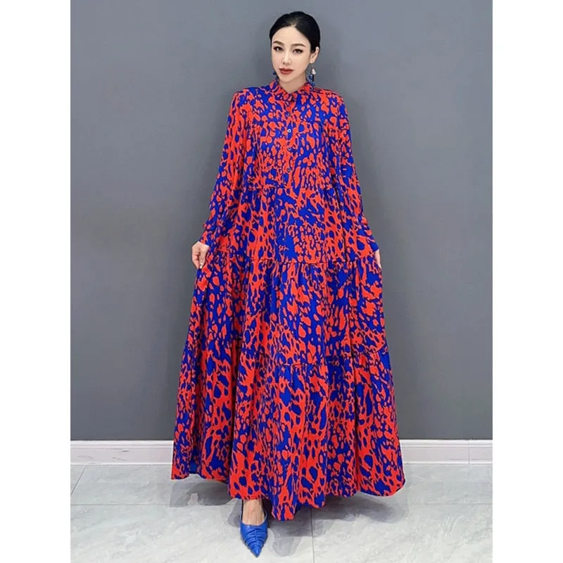 Trendy Luxe Red and Blue Comfortable Long Dress