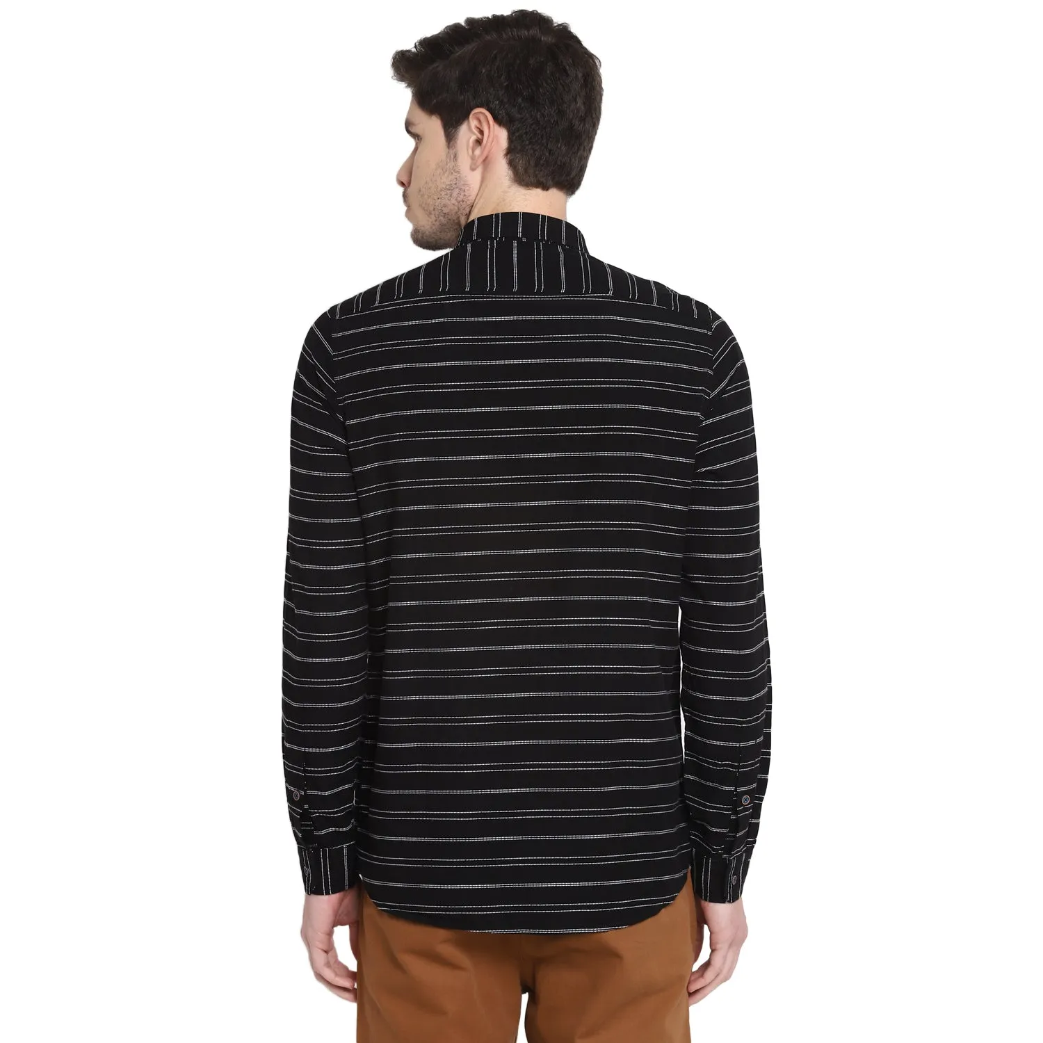 Turtle Men Black Cotton Striped Slim Fit Shirts