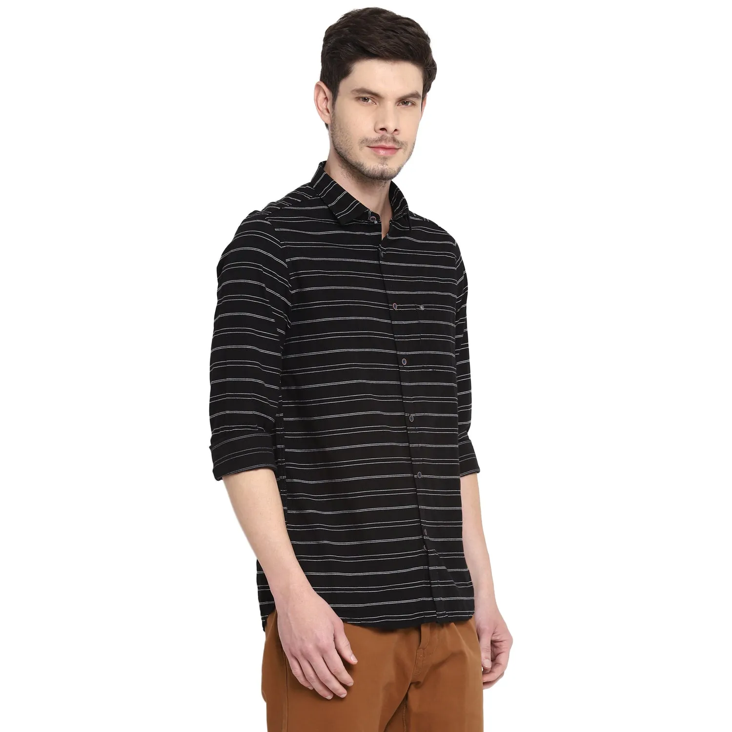 Turtle Men Black Cotton Striped Slim Fit Shirts