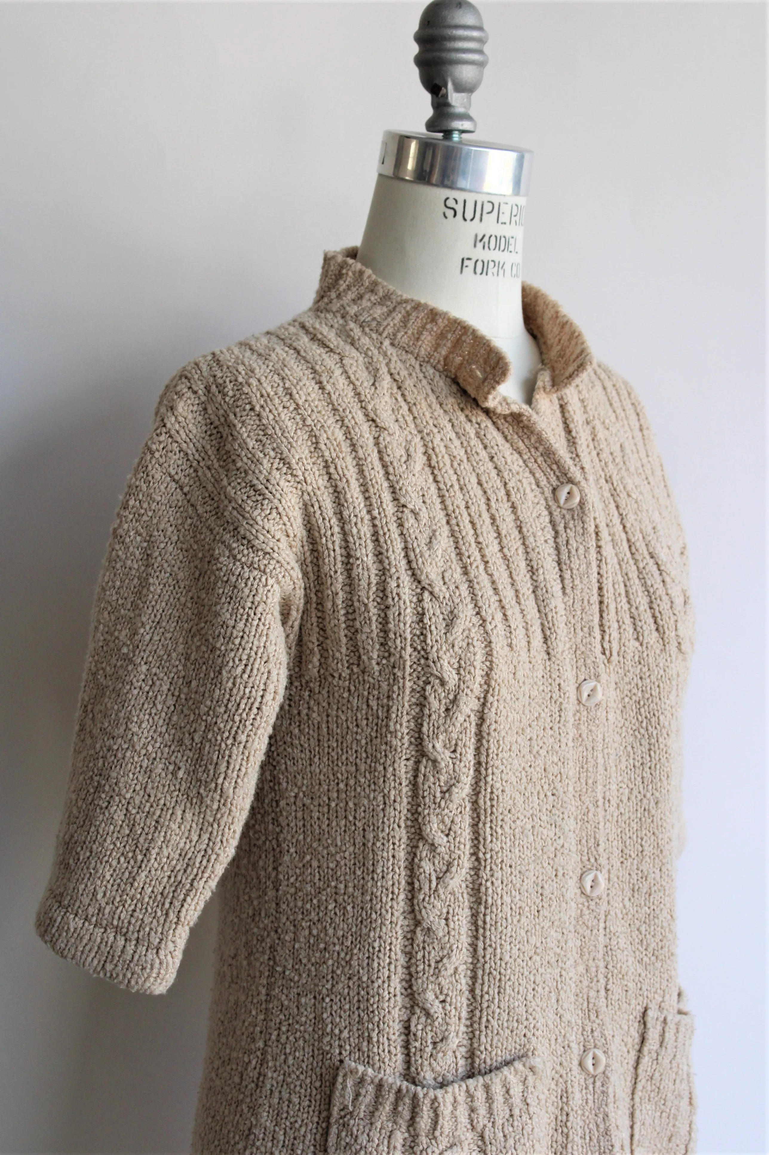 Vintage 1970s LeRoy Knitwear Tan Cable Knit Cardigan