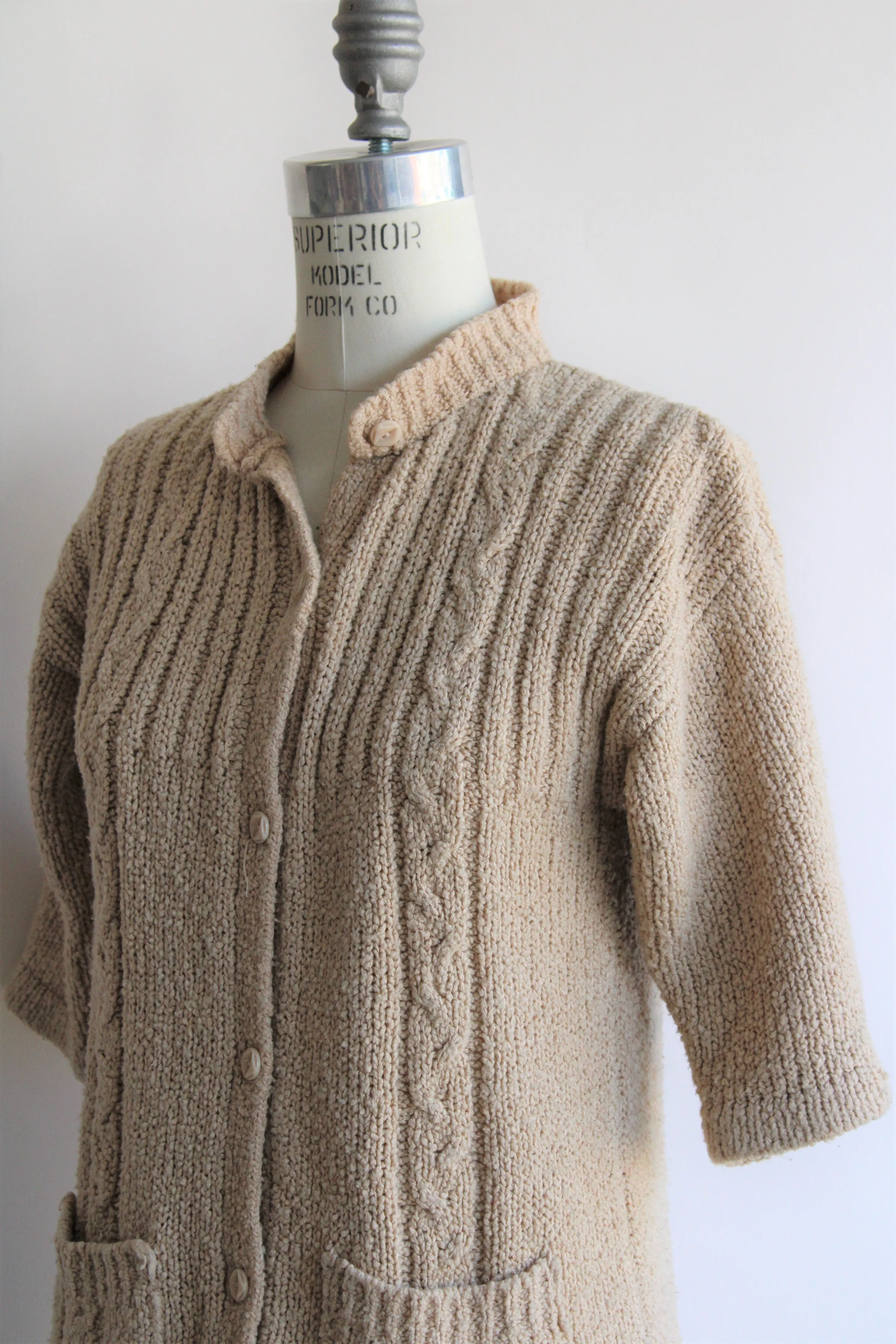 Vintage 1970s LeRoy Knitwear Tan Cable Knit Cardigan