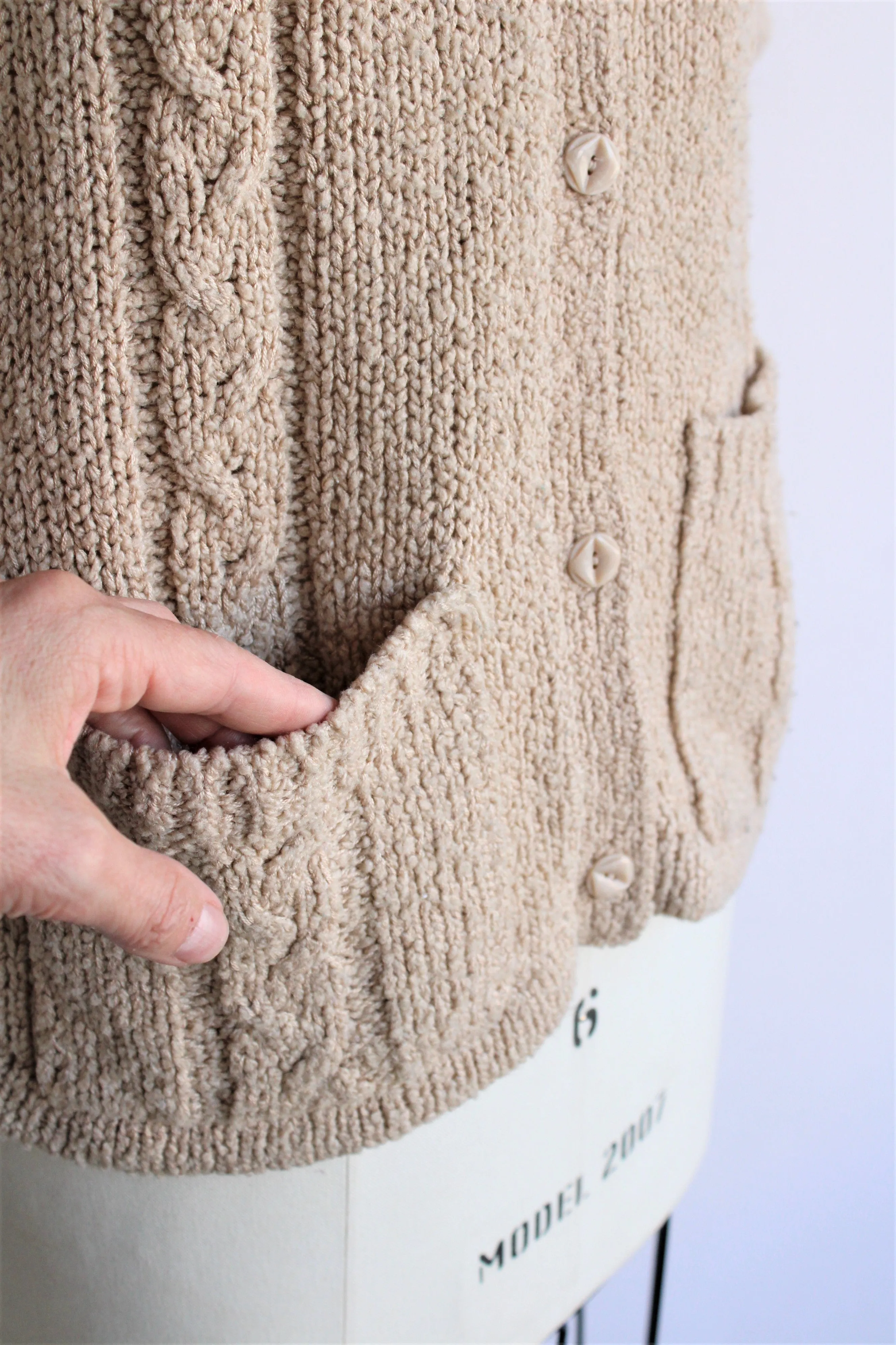 Vintage 1970s LeRoy Knitwear Tan Cable Knit Cardigan