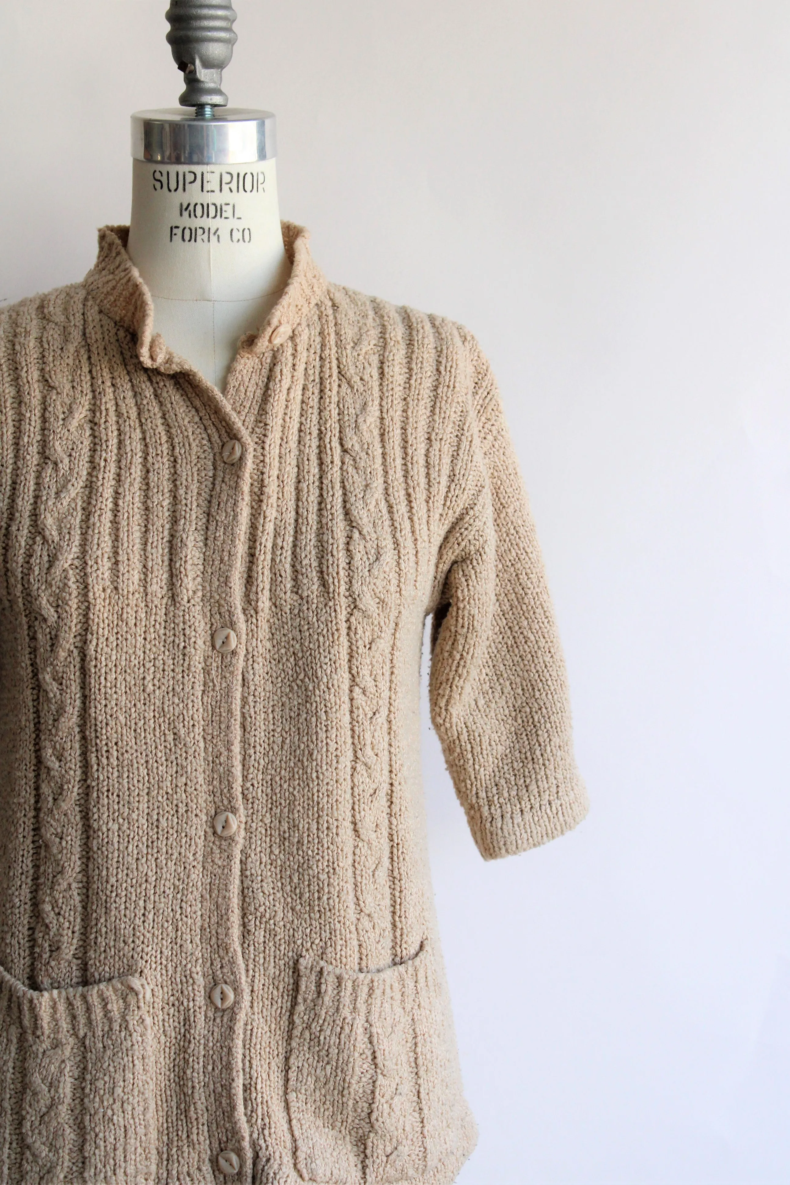 Vintage 1970s LeRoy Knitwear Tan Cable Knit Cardigan