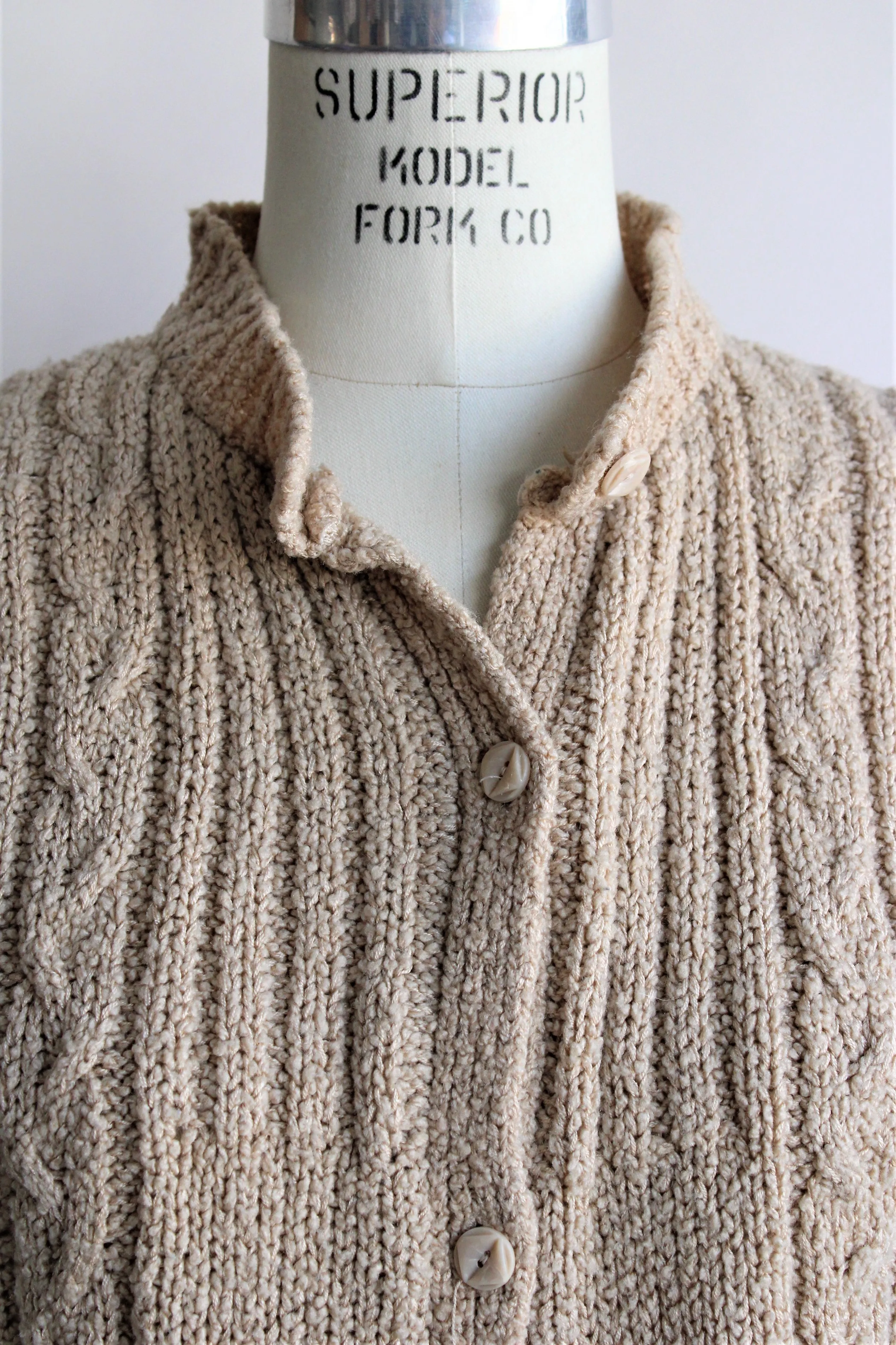 Vintage 1970s LeRoy Knitwear Tan Cable Knit Cardigan