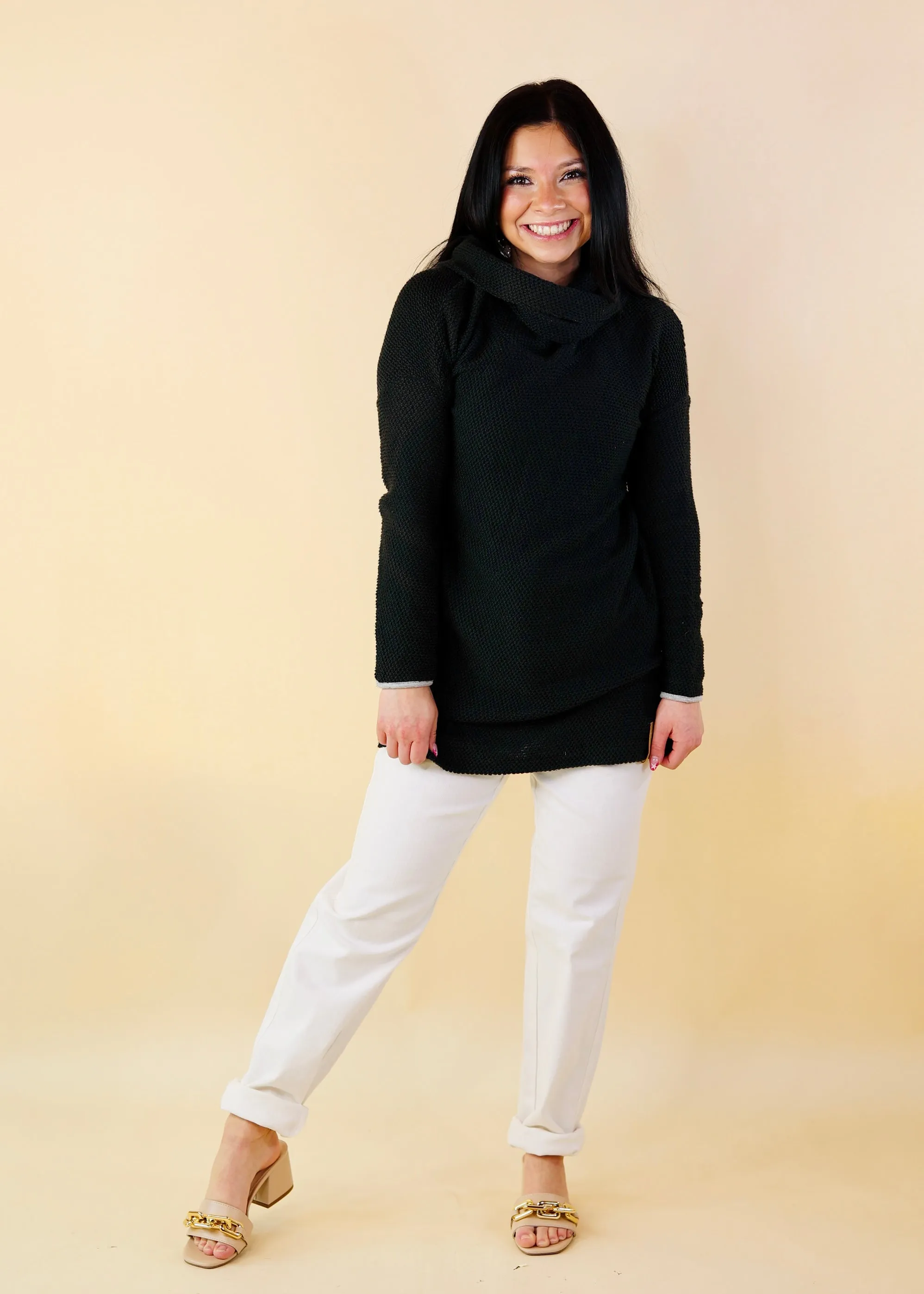 Warmer Style Cowl Neck Pullover Sweater in Washed Black