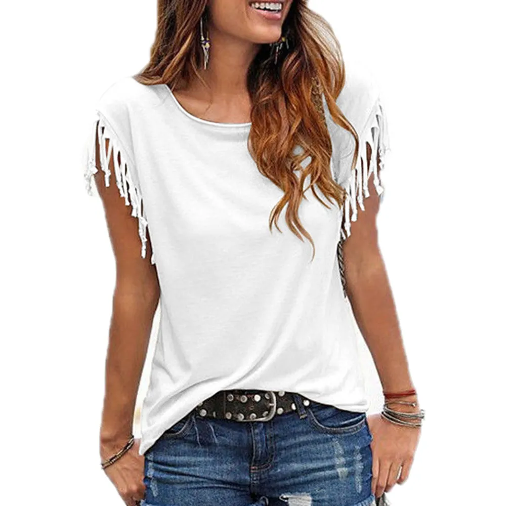 Women Cotton Tassel Casual T-shirt