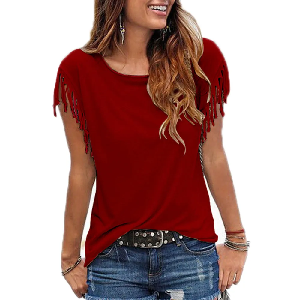 Women Cotton Tassel Casual T-shirt