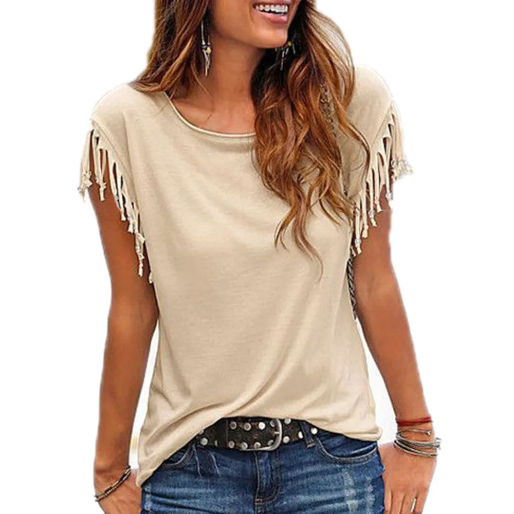 Women Cotton Tassel Casual T-shirt