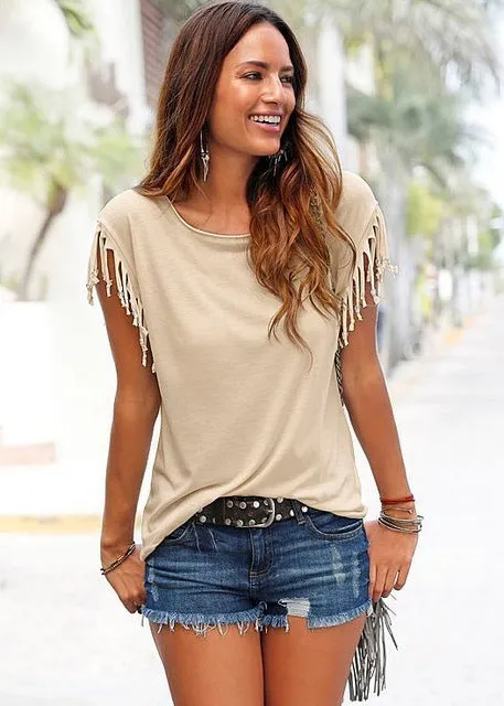 Women Cotton Tassel Casual T-shirt