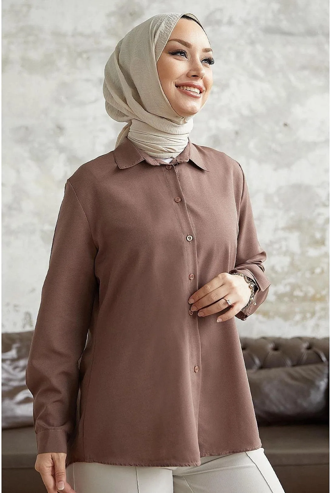 Women's Long Sleeve Basic Modest Shirt | Milky Brown | Classic and Comfortable