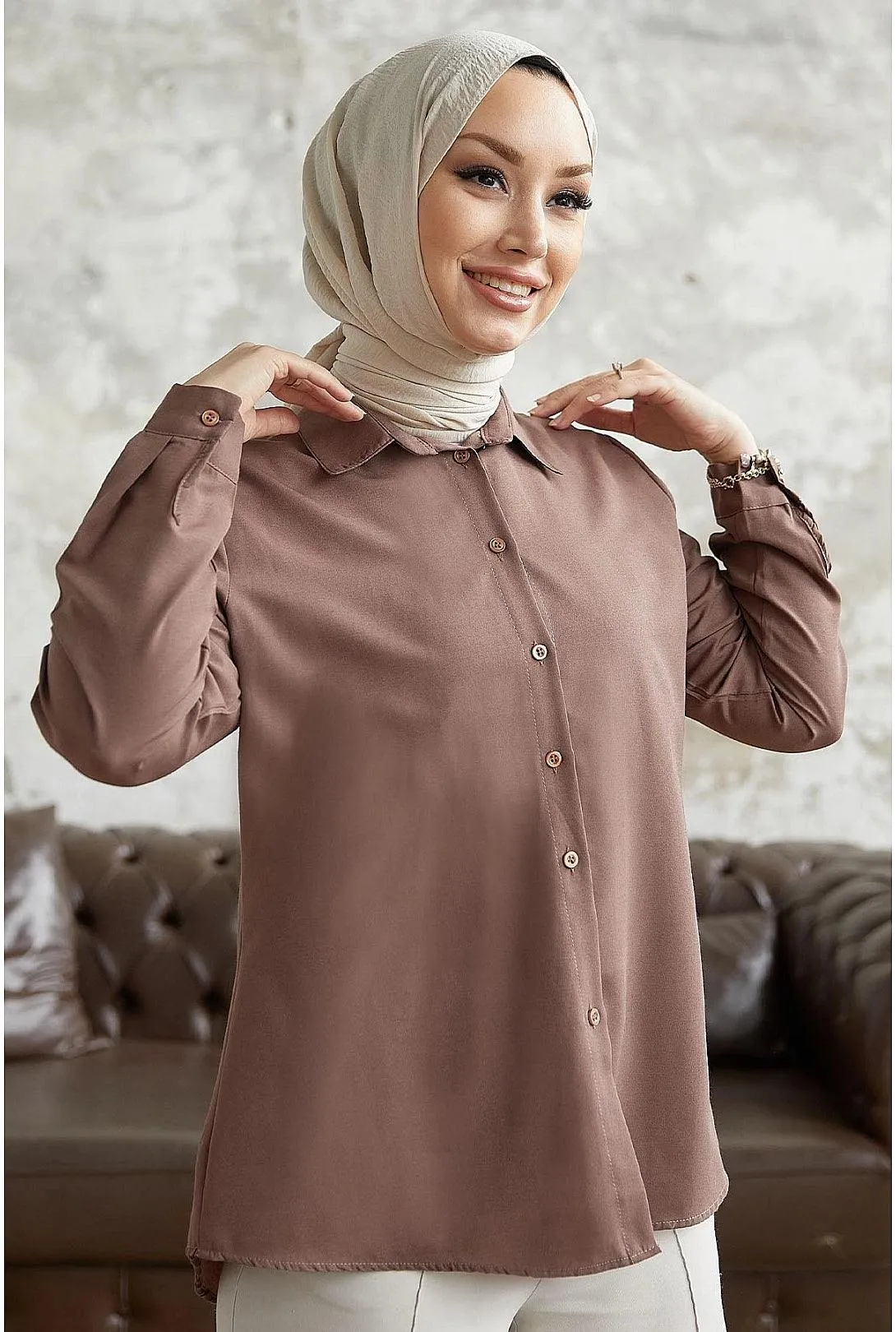 Women's Long Sleeve Basic Modest Shirt | Milky Brown | Classic and Comfortable