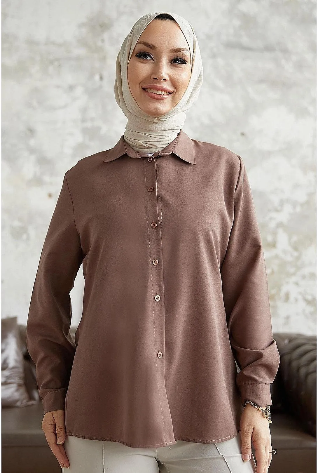 Women's Long Sleeve Basic Modest Shirt | Milky Brown | Classic and Comfortable